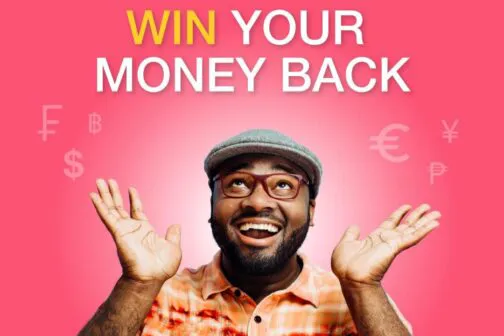 Win your money back text above a man that is excited.