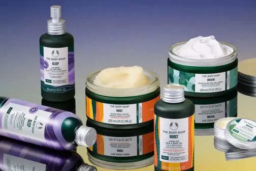 The Body Shop, selection of skin care products including creams, sprays and moisturisers.